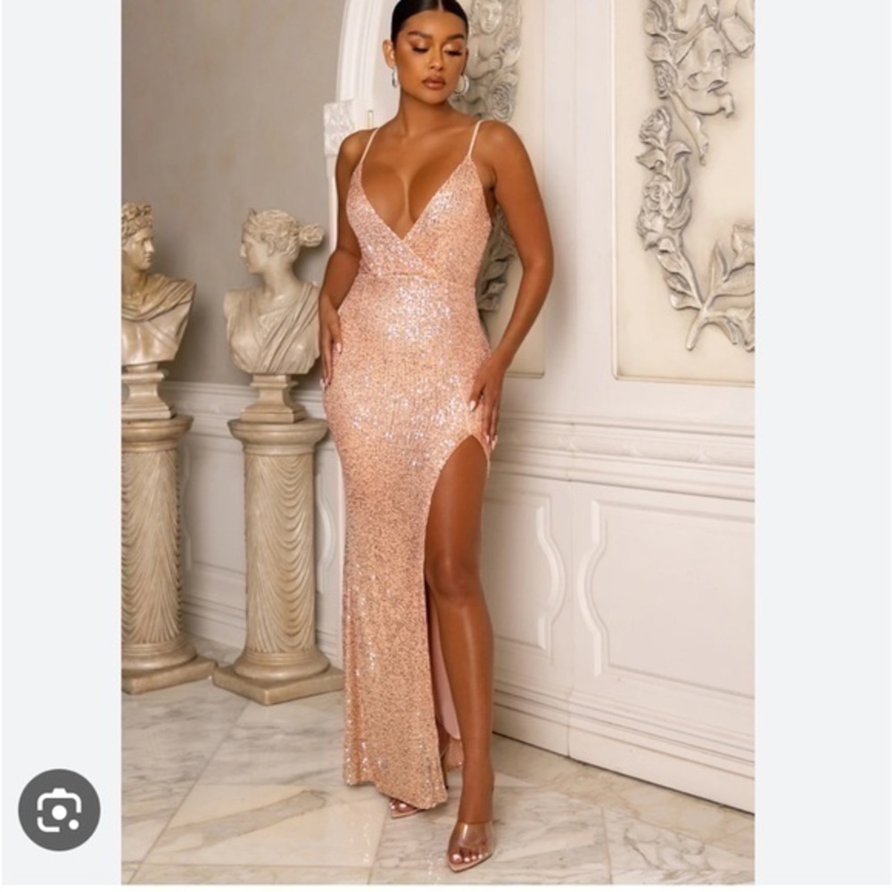 New Club L London Cocktail Sequin Midi Dress Bodycon Rose Gold Pink Size 16